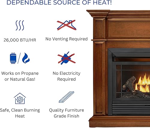 Miniatura 4 de Duluth Forge Sistema de chimenea de gas sin ventilación de combustible dual con chimenea, control remoto, 5 troncos de fuego, uso con gas natural o