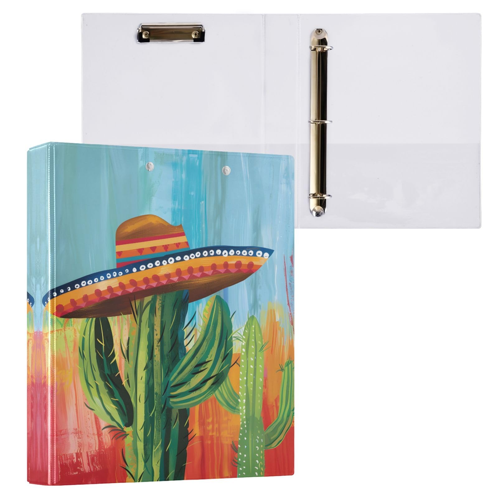 Raccoglitore a 3 anelli con disegno di cactus e cappelli, 3,8 cm, può contenere 200 fogli con 3 tasche interne in PVC trasparente, per scuola e ufficio
