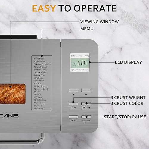 Miniatura 8 de Máquinas para hacer pan, 19 en 1 de acero inoxidable con dispensador automático, máquina de pan grande de 2.2 libras, sartén de cerámica