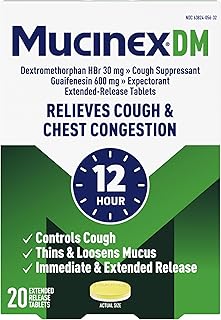 Mucinex DM 12Hr Chest Congestion & Cough Medicine for Adults, Cold and Cough Medicine for Excess Mucus Relief, 600 mg Guaifenesin & 30 mg Dextromethorphan HBr, 20 Bi-Layer Tablets