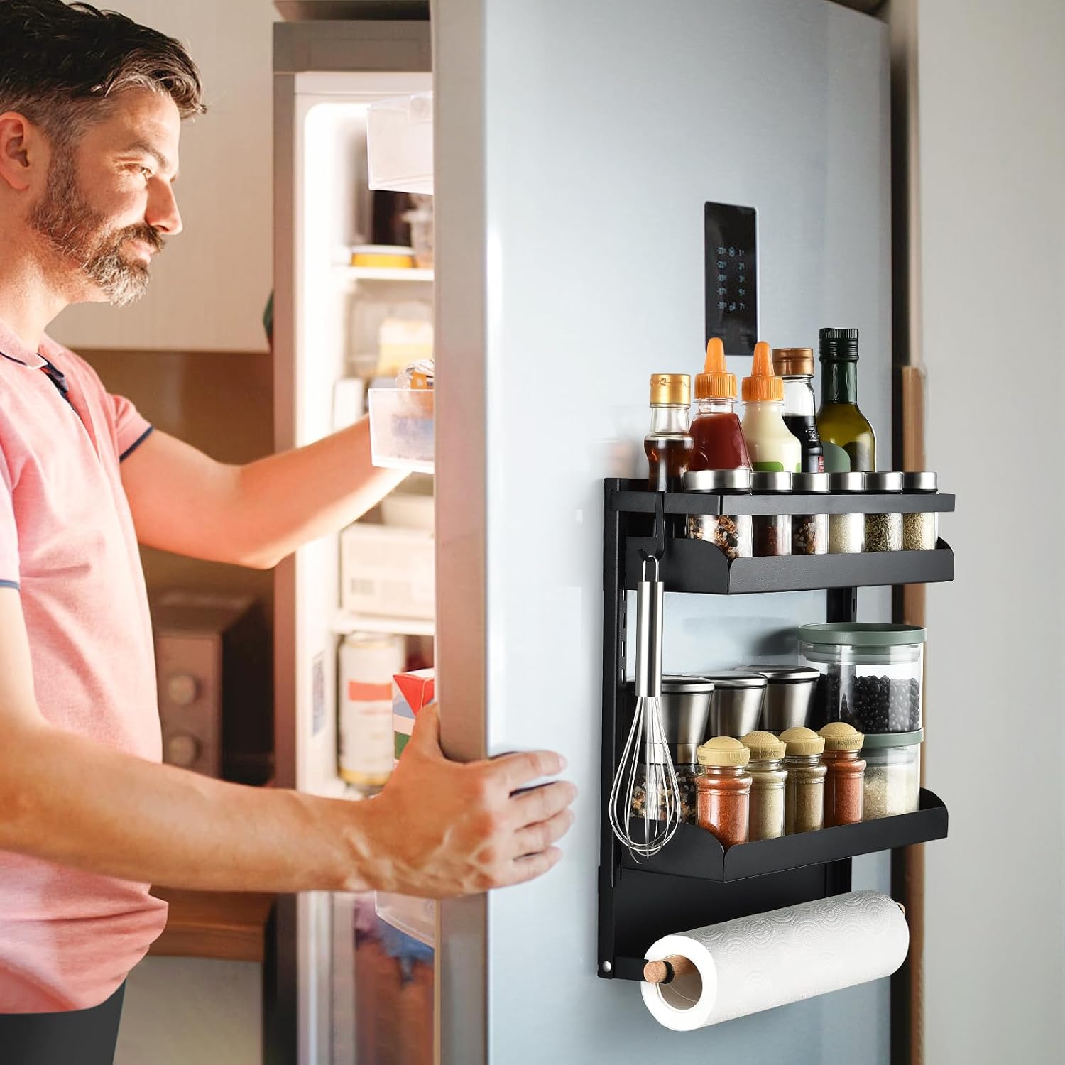 aceyoon Magnetic Spice Rack for Refrigerator, 2-Tier, Black