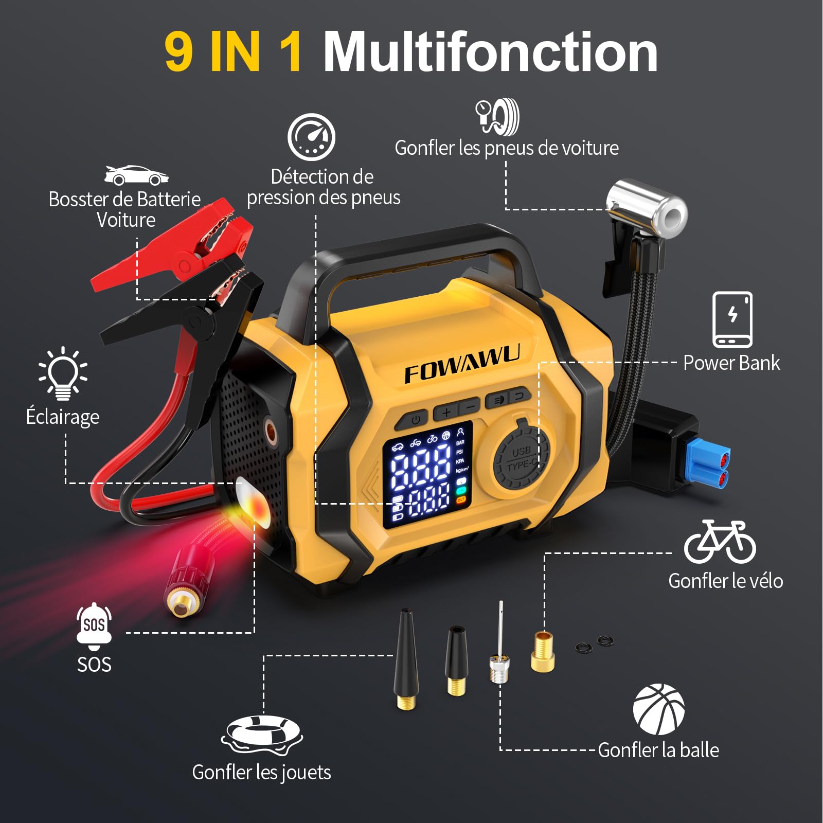FOWAWU Booster Batterie Voiture avec Gonfleur 9-en-1, Démarreur de Batterie 8000A 26800mAh(Jusqu'à All d'essence / 10 L de Diesel), Gonfleur Pneus Voiture 150psi Arrêt Automatique