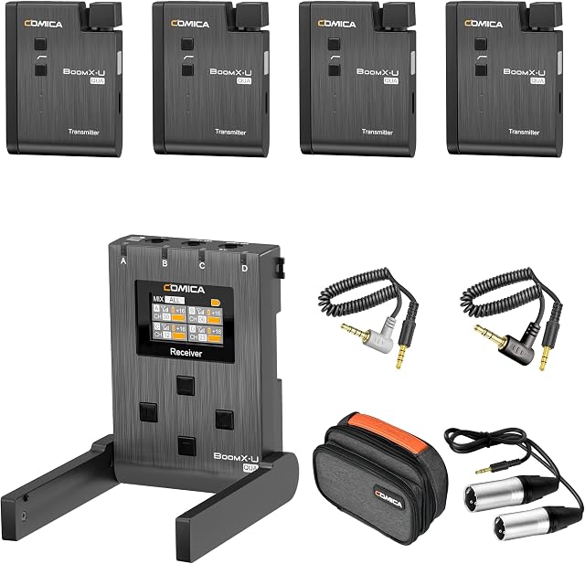 comica Wireless Lavalier Microphone BoomX-U QUA,Compact Wireless Lapel Microphone System with 4 Transmitter and 1 Receiver for DSLR Cameras,Camcorder,Smartphone,TIK Tok/Live/YouTube/Podcast