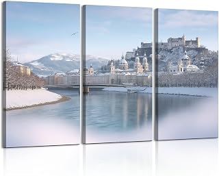 3 Piece Canvas Wall Art Prints Picture salzburg old city fortress snowy sunny day austria Framed Wall Painting Modern Artwork Poster Home Decor for Living Room Office Ready to Hang
