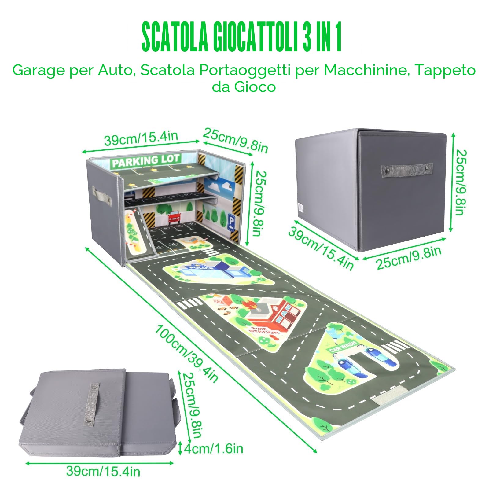 Scatola Portaoggetti per Auto Giocattolo, Pieghevole Garage per Bambini con Tappetino da Gioco, Baule Portagiochi Bambini con Coperchio