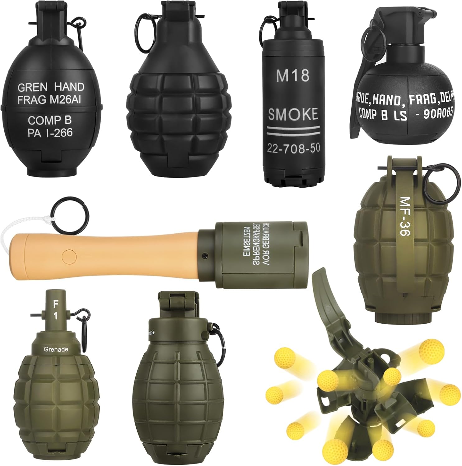 8Pcs Toy Hand Grenade for Tactical Game with 50 Round Ammo Model Battle Fake Grenade Toys for Outdoor Sport Role Play Prop Game,14+ and Adults