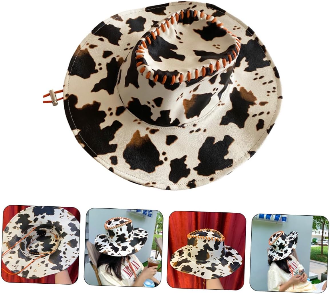 Cow Print Leather Wide Brim Sun Hat for Women Halloween Outdoor UV Protection Summer Beach Hat One Size Multi