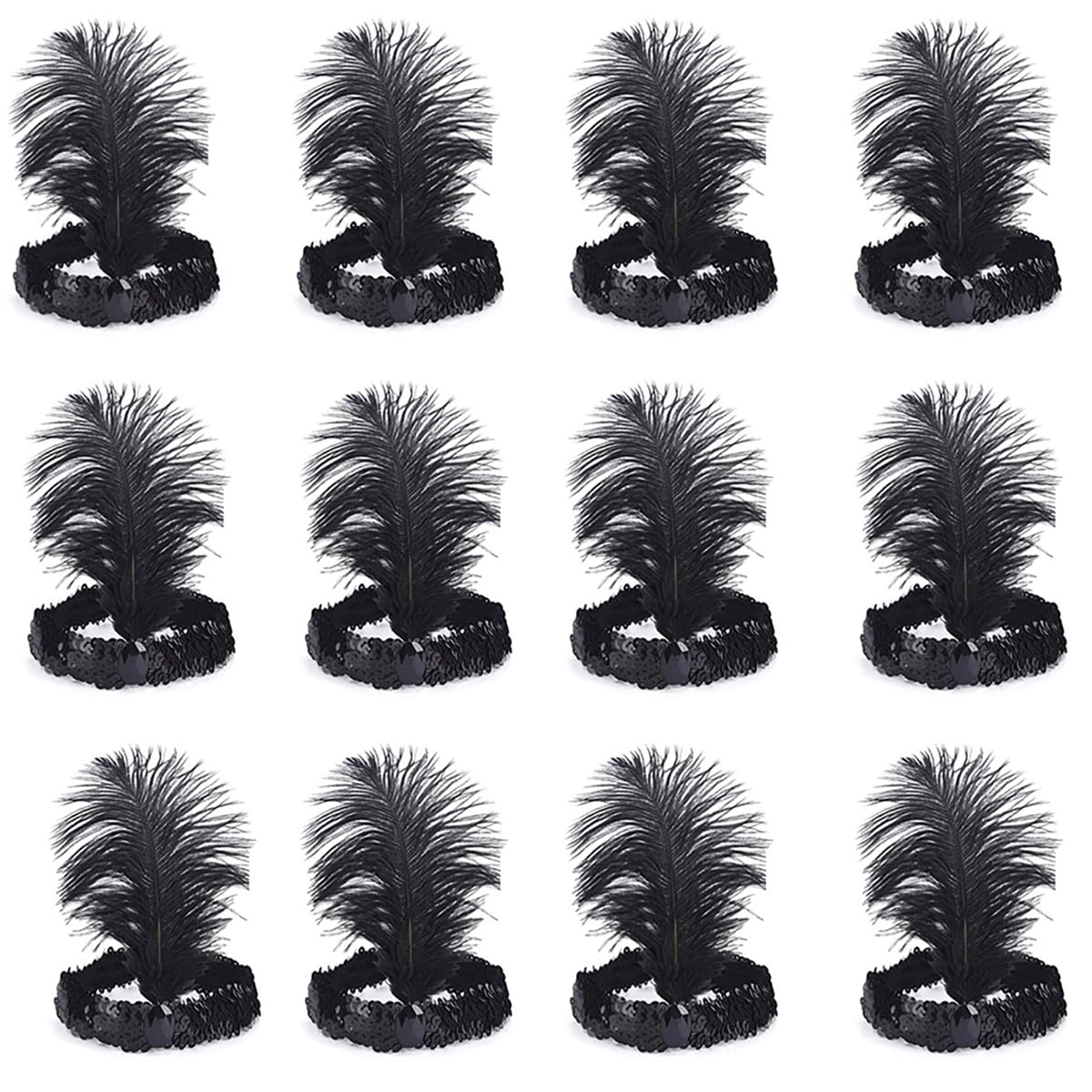 CYIWHI Sequins Feather Headpiece 1920s Mardi Gras Carnival Party Accessory Party Feather Headband 12pcs (All black)