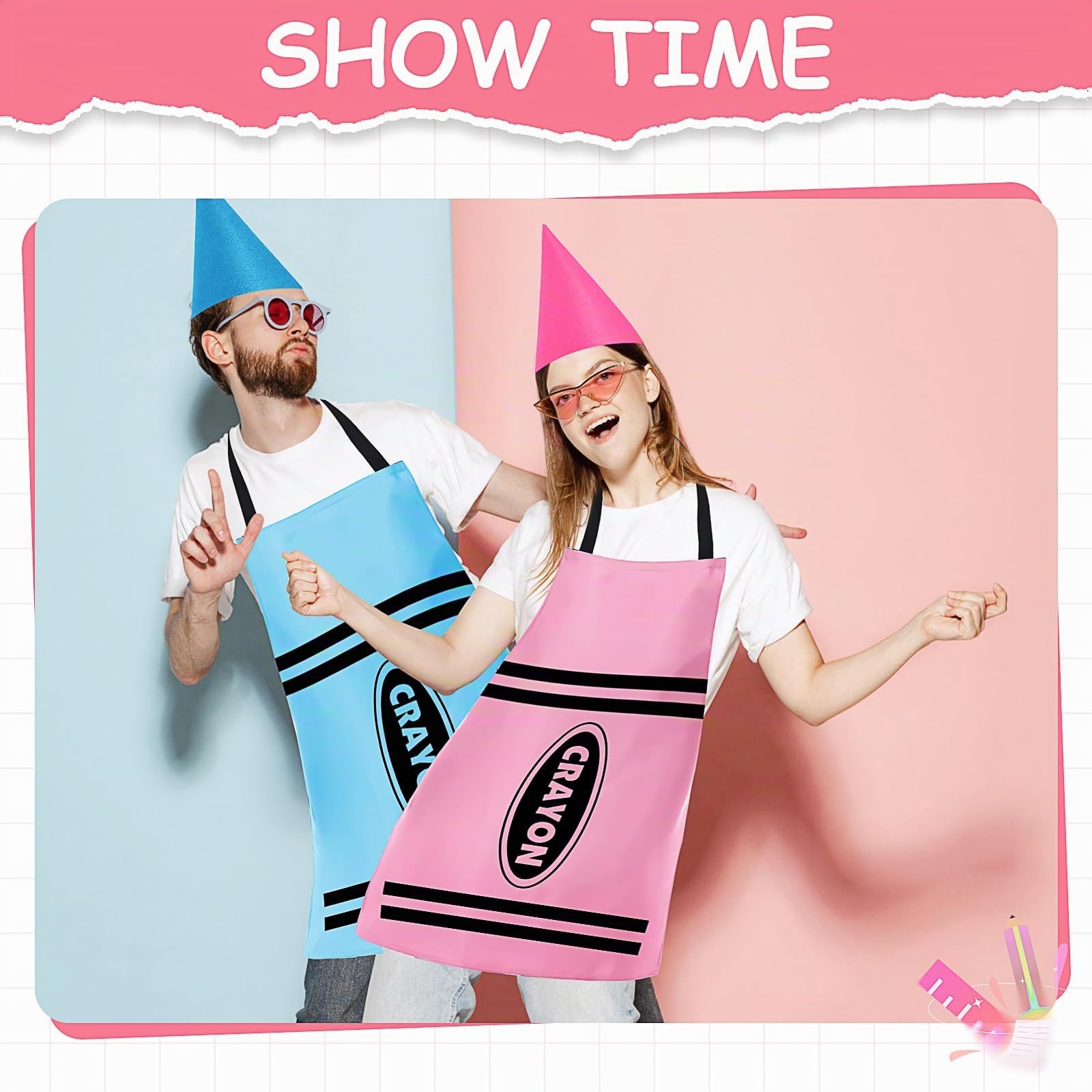 8-teiliges Buntstift Kostüm Set für Erwachsene, Crayon Schürzenset Lustige Kostüm-Schürze mit Hut für Party, Karneval, Geburtstag, Gruppenaktivitäten & Mottoparty