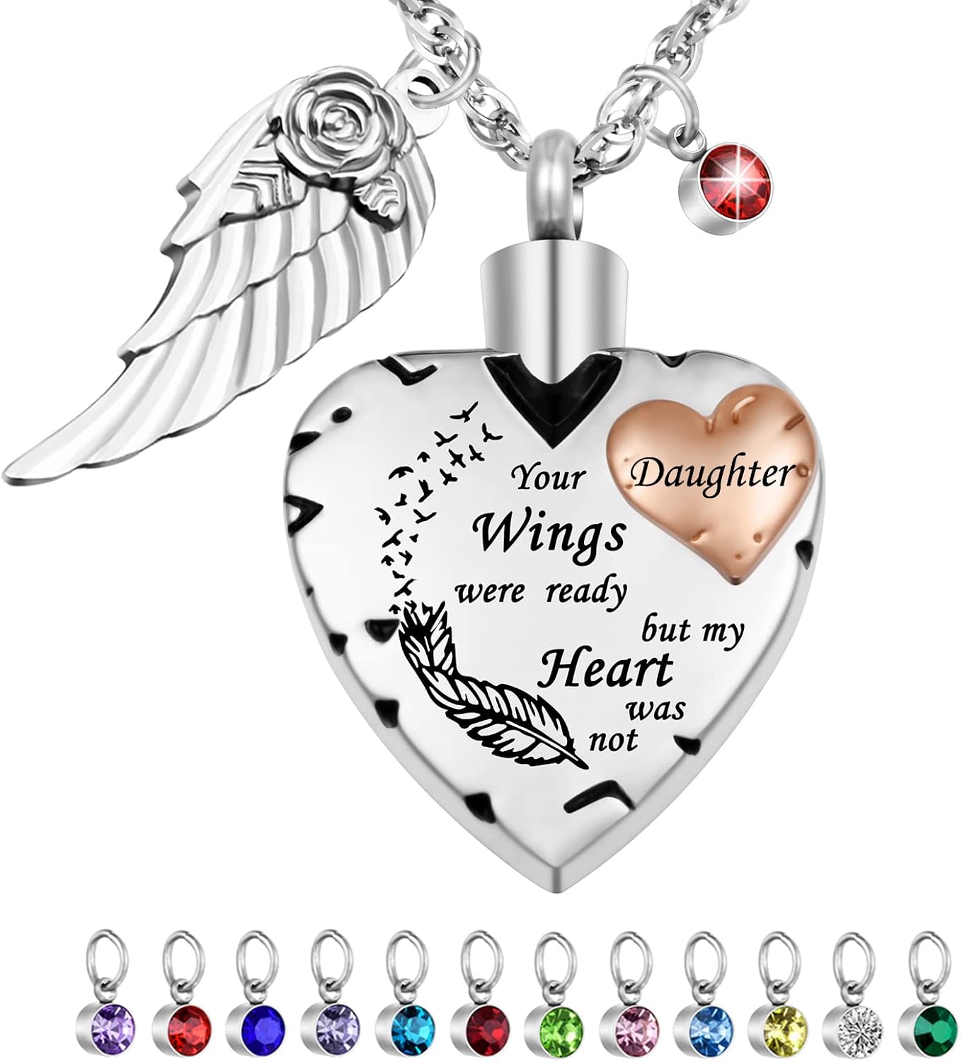 Dletay Heart Cremation Necklace for Ashes Cremation Jewelry with 12 Birthstones Urn Necklace for Ashes-Your Wings were Ready but My Heart was Not