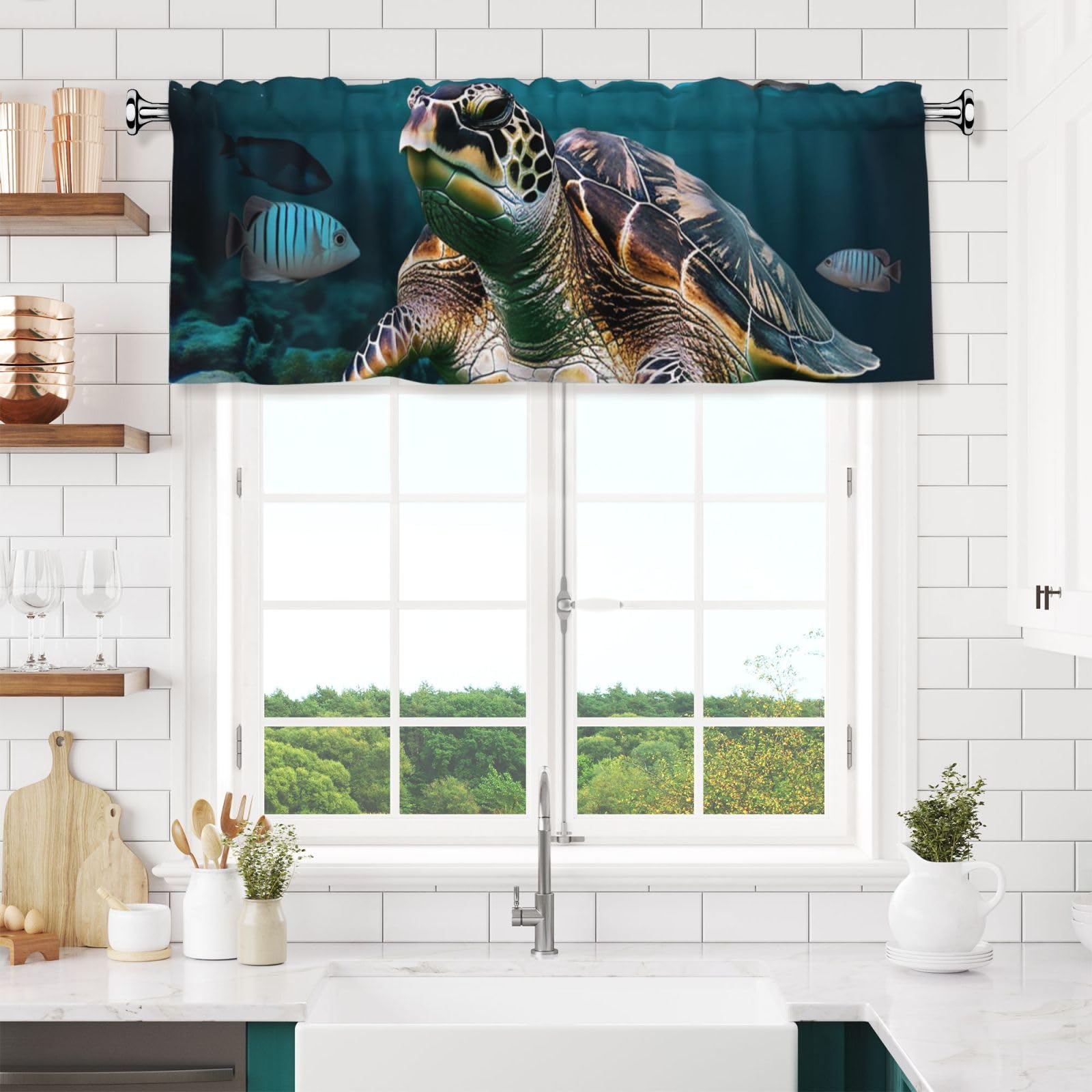 NONHAI Ocean Animal Turtle Valances for Windows Short Curtains Rod Pocket Cafe Window Treatments Valance Curtains for Kitchen Bathroom Laundry Basement Windows 54x18inch Blackout Window Valance