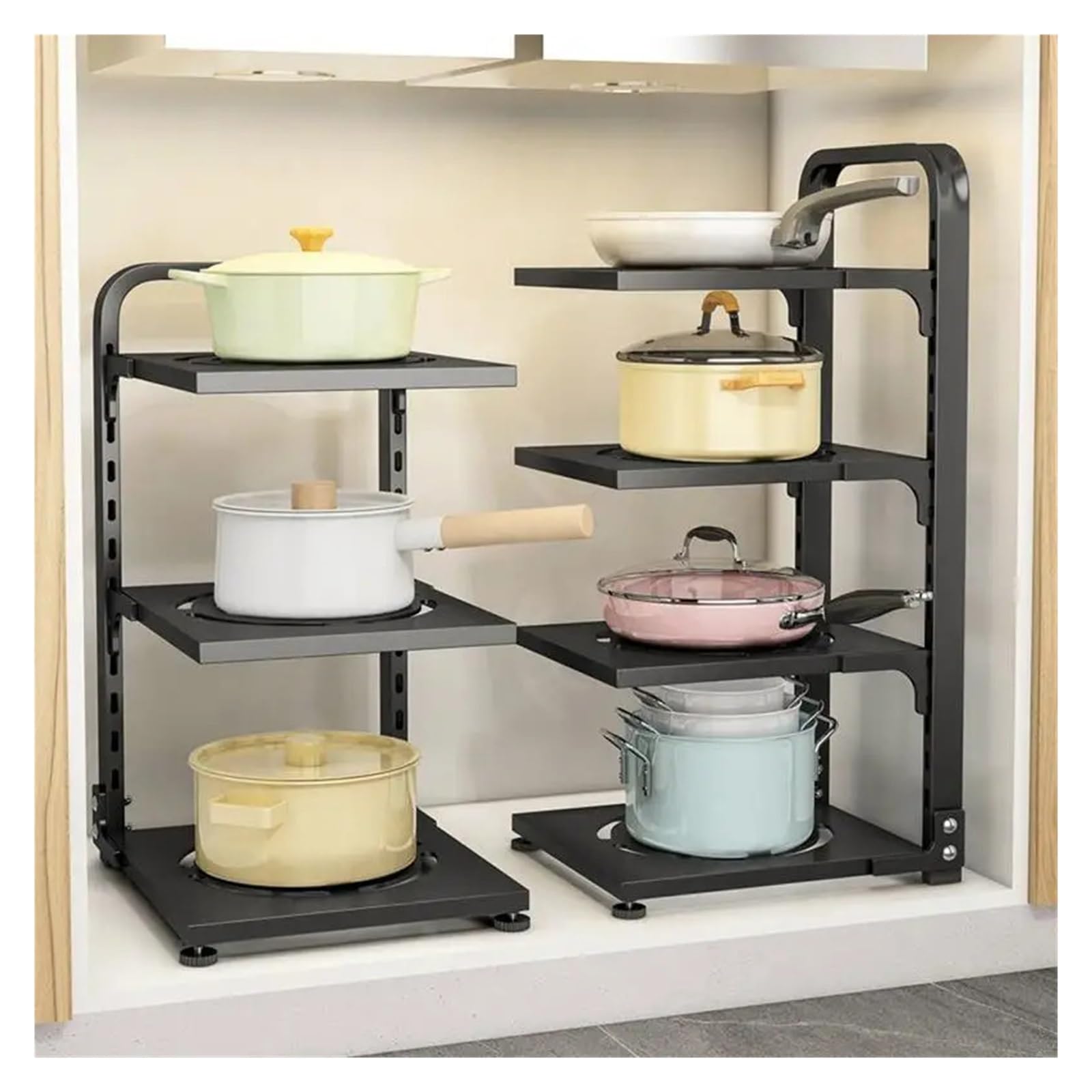 Organizer per Pentole Portaoggetti da cucina regolabile for pentole sotto il mobile Portavasi a scatto a stratificazione libera for l'organizzazione della(2 Layers)