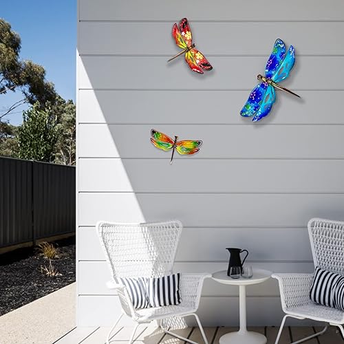 Miniatura 6 de John's Studio Decoración de pared de libélula de metal para colgar en el jardín, esculturas de cristal, decoración temática de insectos para sala de