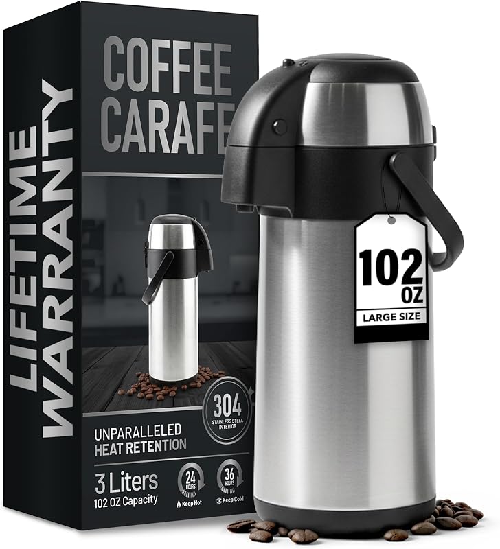 Jarra de café con aislamiento de 102 oz/3 L, dispensador de bebidas calientes de acero inoxidable, dispensador de café Airpot con bomba, jarra de café térmica para líquidos calientes, jarras de café para mantener el dispensador de bebidas calientes