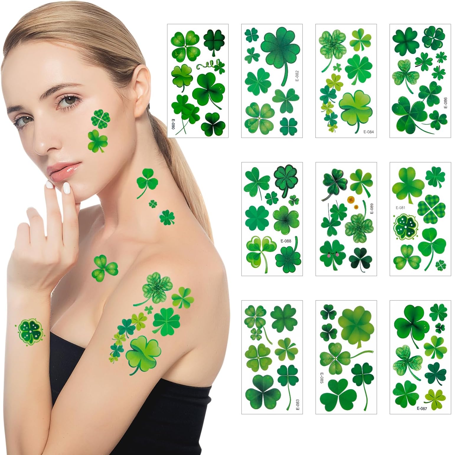 Hamuitci St Patricks Day Tattoos, Waterproof Green Shamrock Lucky Clover Temporary Tattoo Stickers for St. Patrick's Day, Saint Patricks Day Accessories & Face Makeup Decor, Irish Party Favors & Gifts