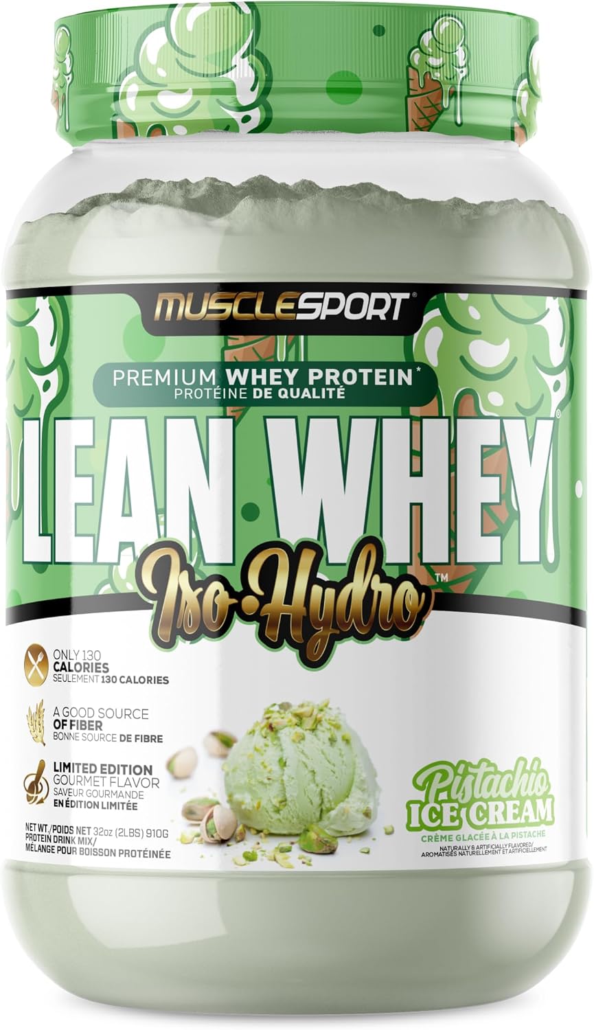 MuscleSport Lean Whey Protein Powder - Whey Protein Isolate - Low Calorie, Low Carb, Low Fat, Incredible Flavors - 25g Protein per Scoop - 2lb Pistachio Ice Cream