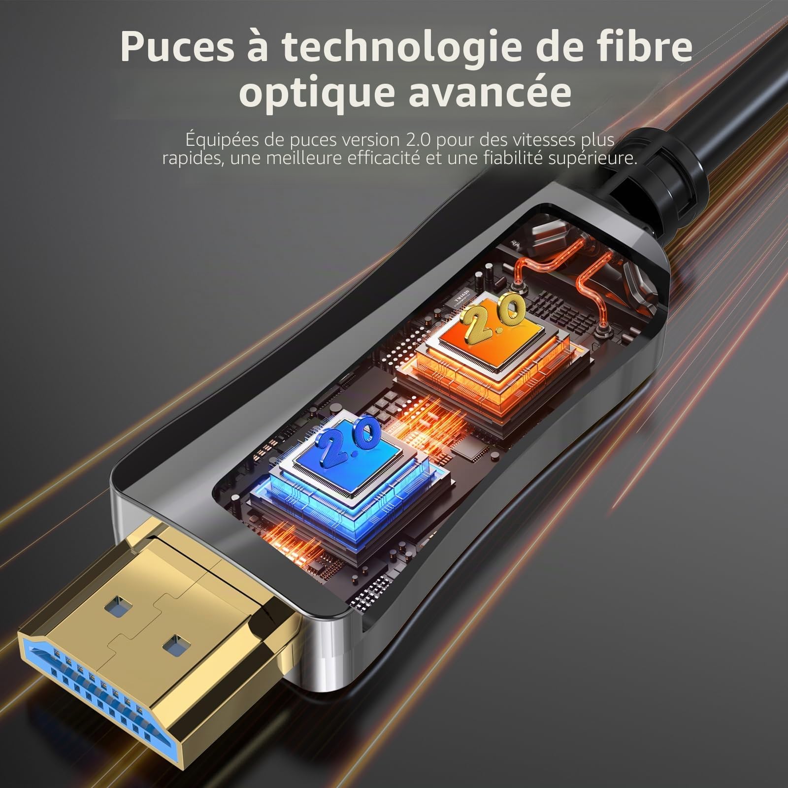 50m Câble HDMI fibre optique 4K@60Hz – Câble HDMI optique haute vitesse, 18 Gbps, YUV 4:4:4, HDR, sans perte, connecteurs en alliage de zinc – Idéal pour projecteur, gaming et conférence