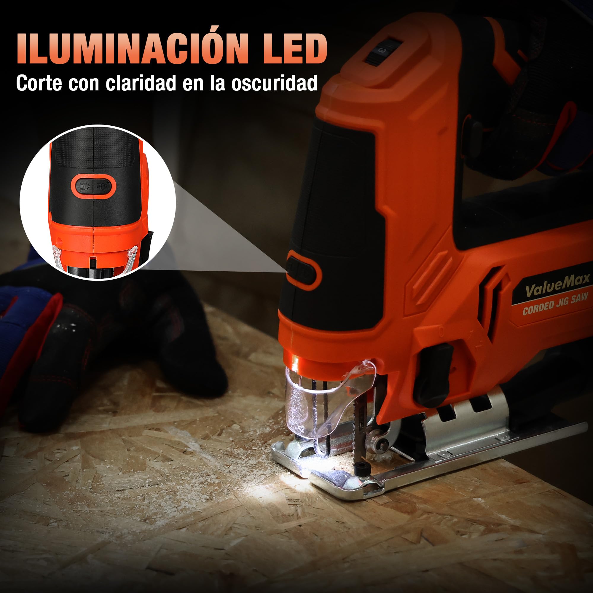 ValueMax Sierra Calar 850W, 6 Velocidades y 4 Modos Corte | Ángulo Ajustable ±45° con Soplado de Polvo, Luz LED y 6 Hojas Incluidas para Madera, Metal y Plástico