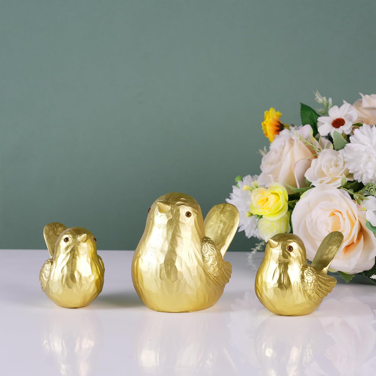 Small Bird Statue Home Decor - Gold Bird Figurines Decorative Ornaments for Living Room, Bedroom, Office Desktop, Cute Country Decor (Gold, 1B & 2S) - Image 3
