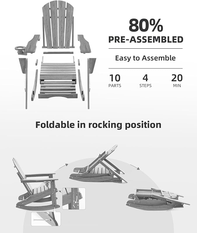 Serique Folding Adirondack Rocking Chair 4-in-1 Retractable Ottoman,Grey image 6