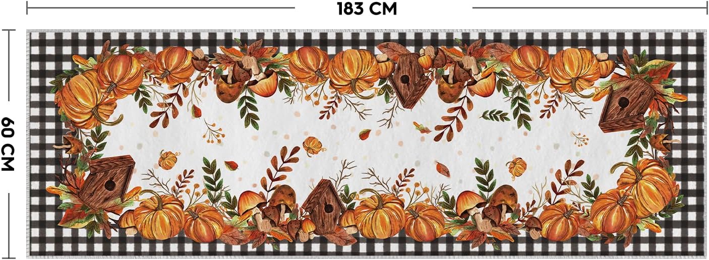 Artoid Mode Buffalo Plaid Pumpkins Mushrooms Fall Area Rug, Autumn Thanksgiving Home Decor Low-Profile Non-Slip Washable Runner Rug for Entryway Bedroom Living Room Laundry Room Indoor 2x6 Feet