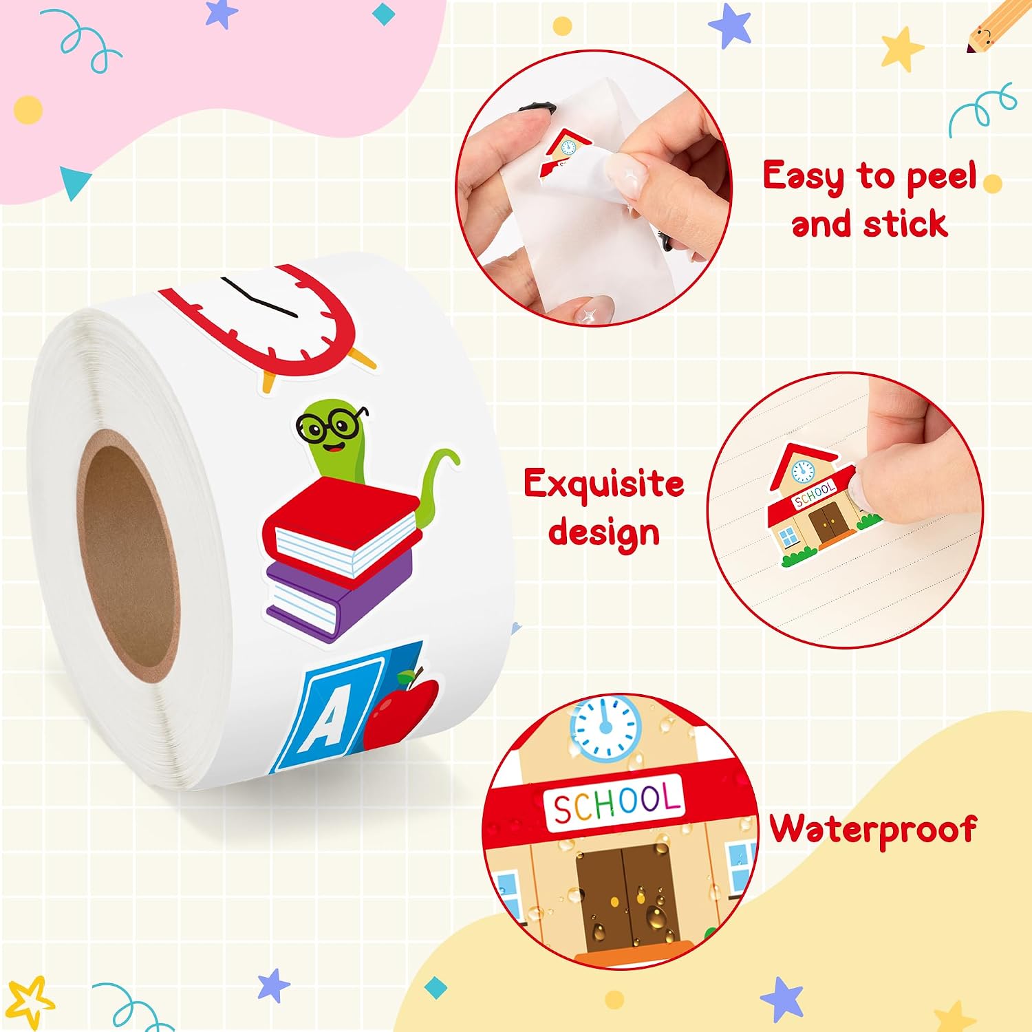 BeYumi Back to School Sticker - 1000Pcs Back to School Cute Cartoon Stickers in 2 Rolls Waterproof Vinyl First Day of School Decals for Preschool Kindergarten Gift Bottle Luggage Bag Envelope Decor