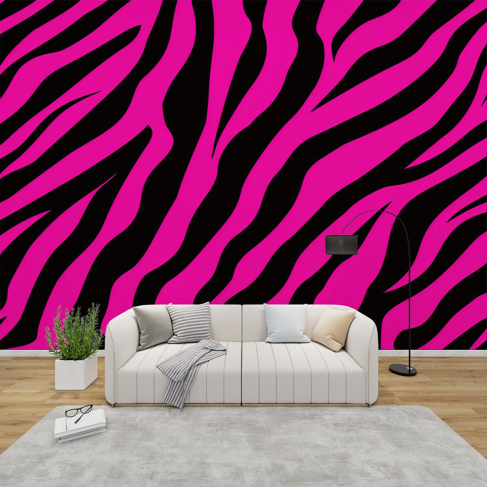 QEODAH Zebra Print Wallpaper for Living Room, Hot Pink Striped Wall Art for Bedroom, Animal Print Wall Murals for Bedrooms, Renter Friendly Removable Waterproof Non-Woven Photo Wallpaper 3D, 100x70 cm
