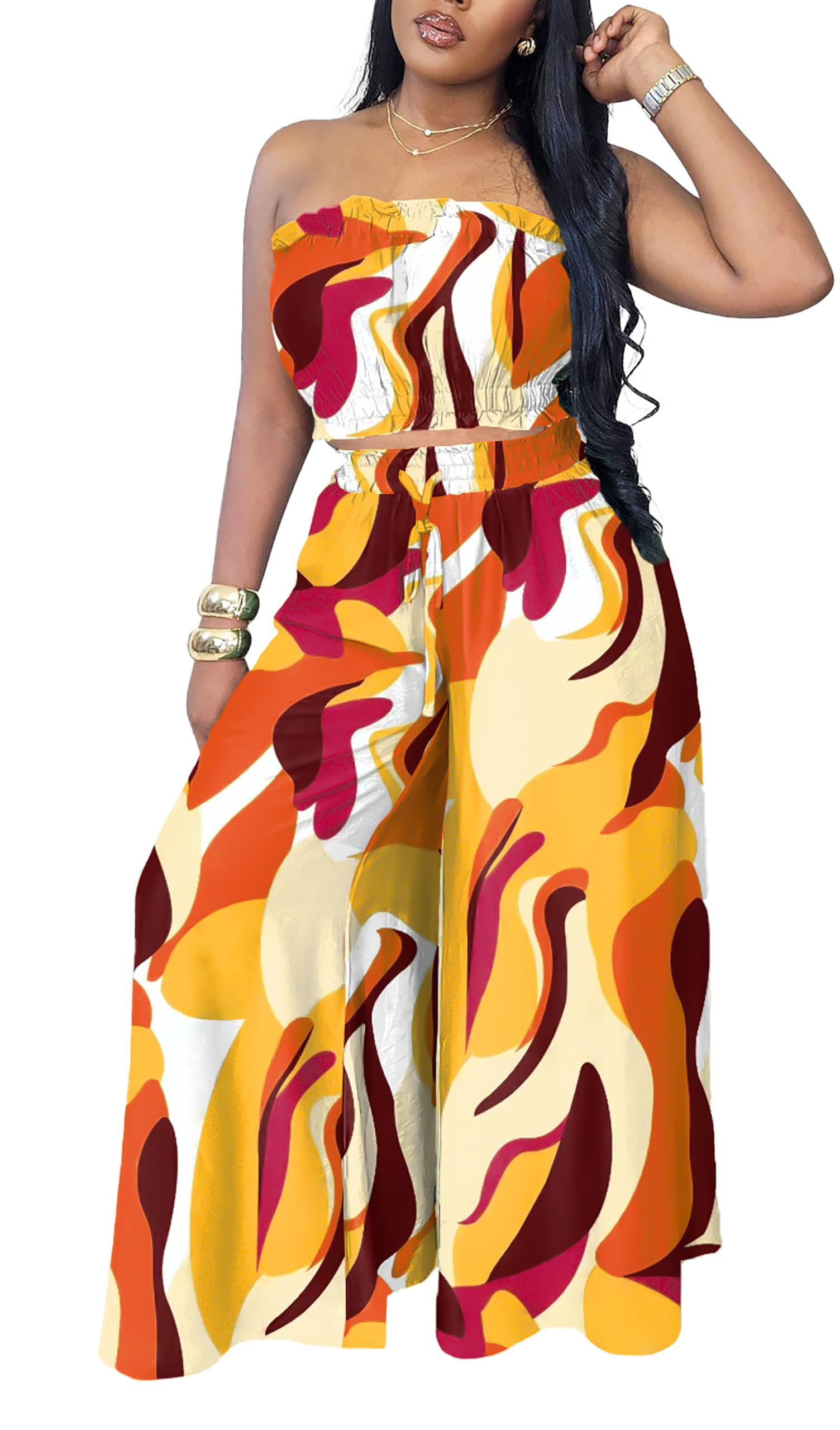 Two Piece Sets for Women Summer Outfits Crop Tops and Wide Leg Pants Sets Sexy Jumpsuits Vacation Outfits with Pockets