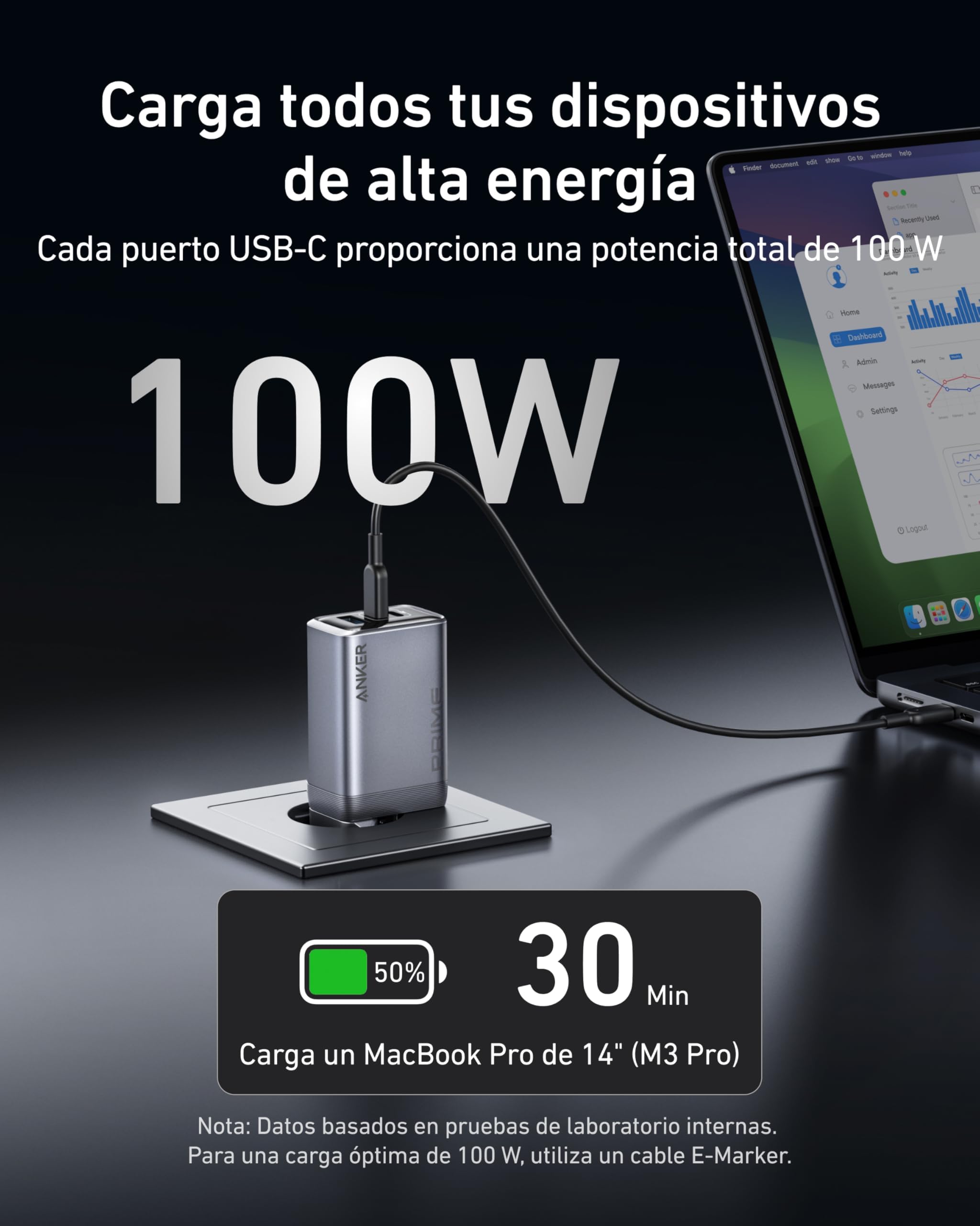 Anker Prime Cargador USB C 100W, Cargador USB C de 100 W, Cargador de Pared Anker de 3 Puertos GAN Plegable y Compacto, para MacBook, iPad, iPhone 17/16/15/14/13 Air Pro Series, Galaxy S24/S23 y Más