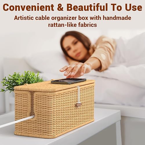 Miniatura 8 de Caja de organización de cables, organizador de regleta de alimentación con cubierta bloqueada, organizador de cables de ratán hecho a mano,