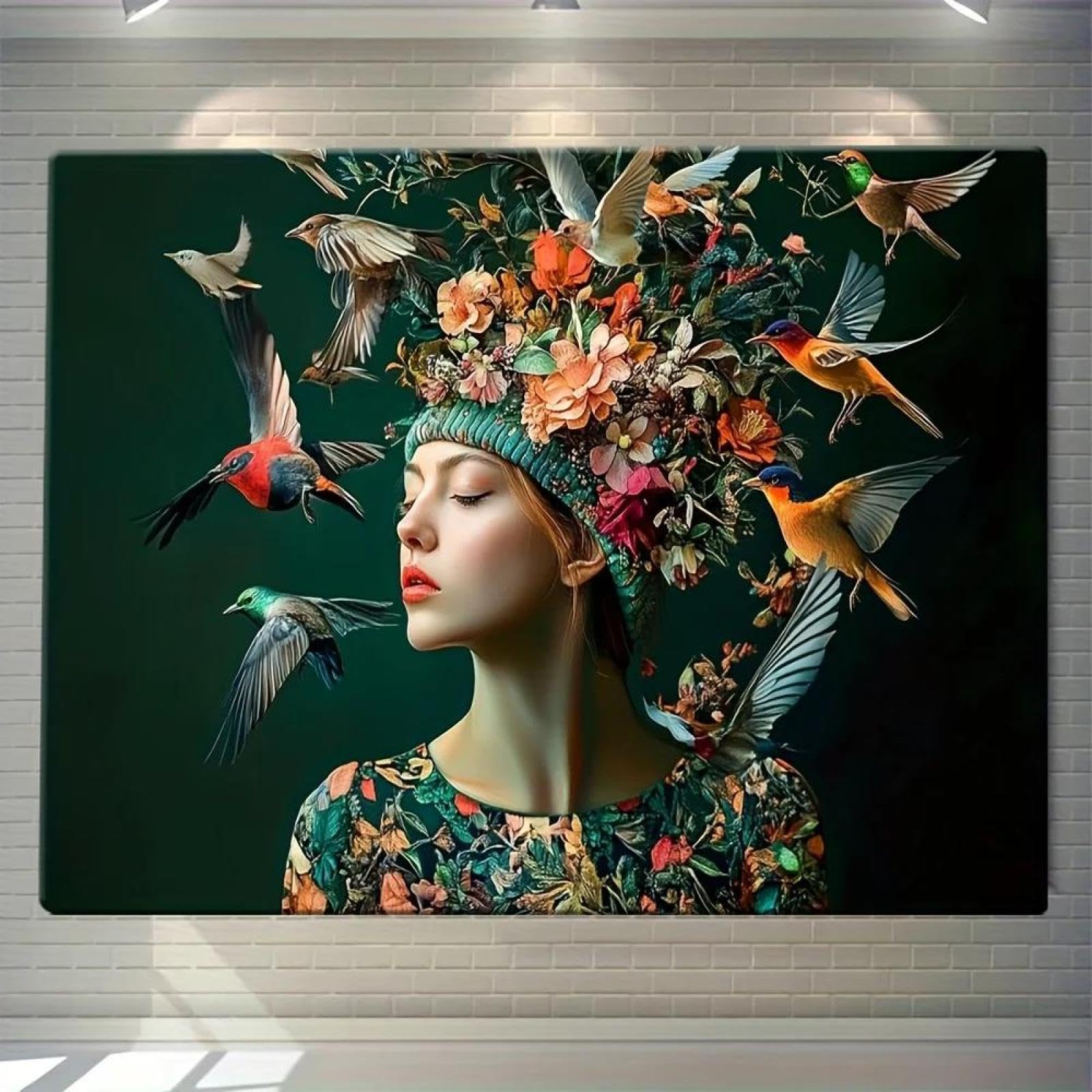 Yocheng Bird And Flower Woman Portrait Poster And Prints Abstract Canvas Painting Wall Art Picture For Living Room Home Decor 60x90cm No Frame