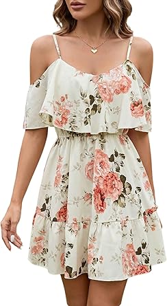 SOLY HUX Womens Boho Floral Print Cold Shoulder Dress Short Sleeve Ruffle A Line Vacation Elegant Mini Dresses