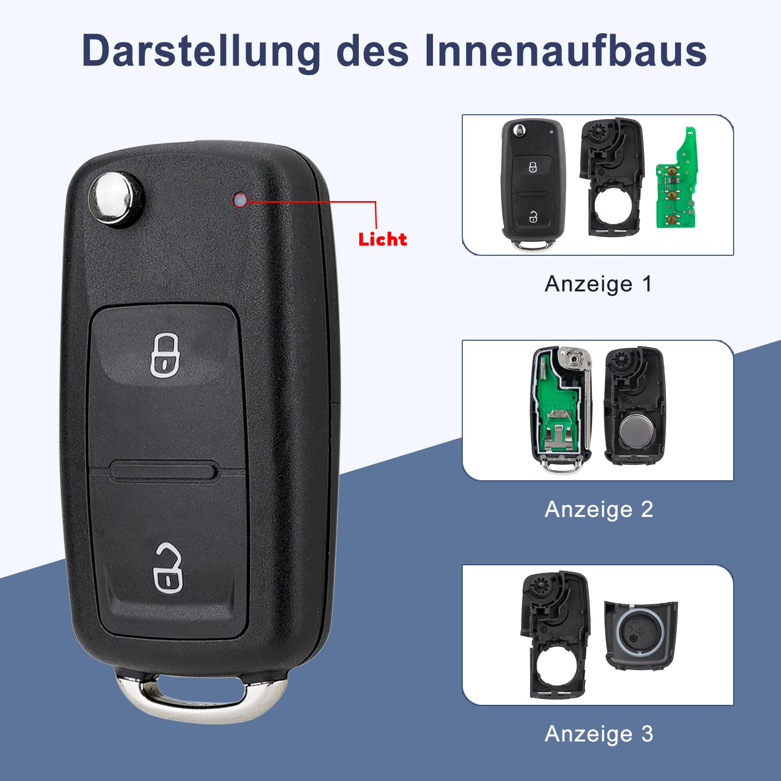 Funkschlüssel kompatibel mit VW Transporter Amarok Polo Golf, 433 MHz, 2 Tasten, 5K0837202AD, mit Batterie und Werkzeug