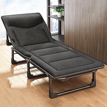 Folding Bed Foldable Bed, Camp Beds for Adults with Cushion and Pillow, Outdoor Portable Folding Lounge Chair Sleeping Cots Bed with 4 Gears Adjustable, Portable Sleeping Cot for Beach TravelBlack,19