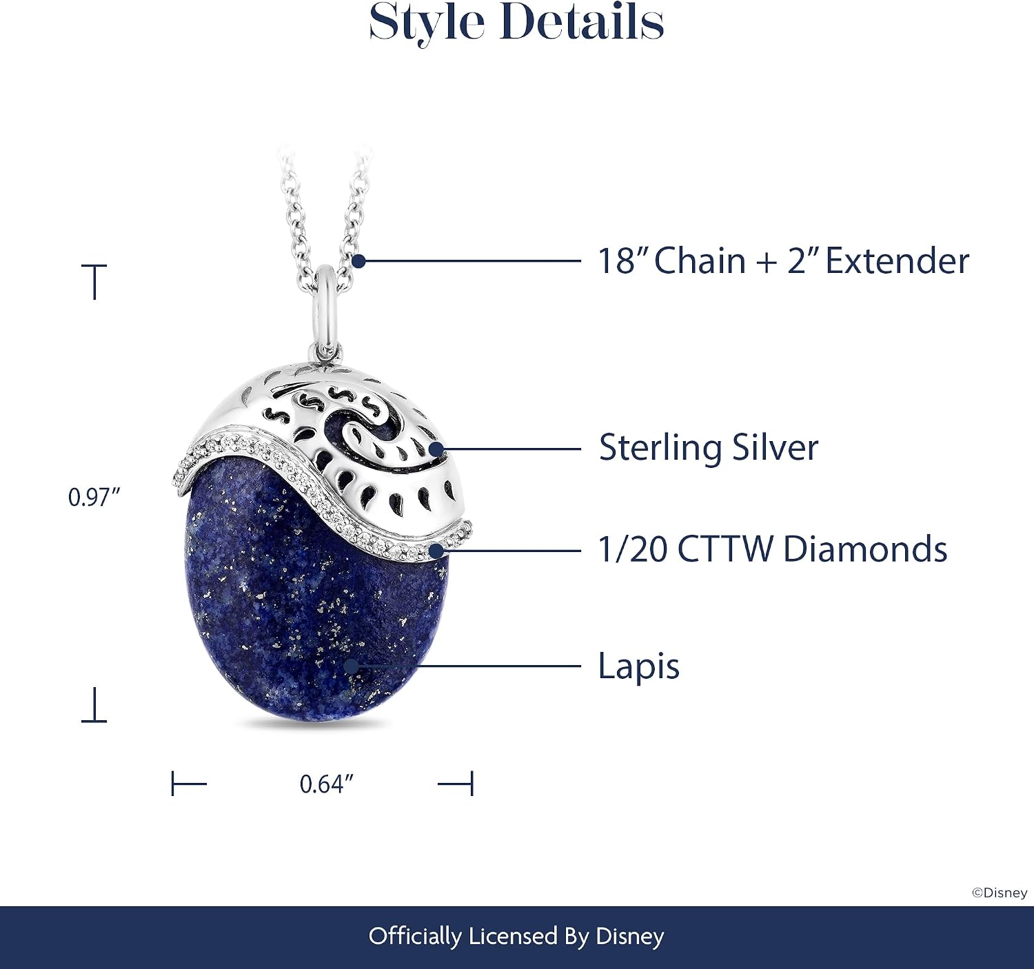 Enchanted Disney Fine Jewelry Moana Pendant Necklace for Women | Sterling Silver | 20x16 MM Oval Cabochon Lapis & 1/20 CTTW White Diamonds | 18" Cable Chain | Princess Jewelry Gifts for Her