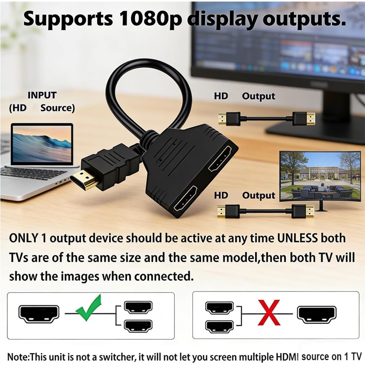 Cable adaptador HDMI divisor 1 en 2 salidas, divisor HDMI macho a HDMI doble hembra de 1 a 2 vías para HD, LED, LCD, TV, compatible con dos televisores del mismo tamaño al mismo tiempo, solo el espejo