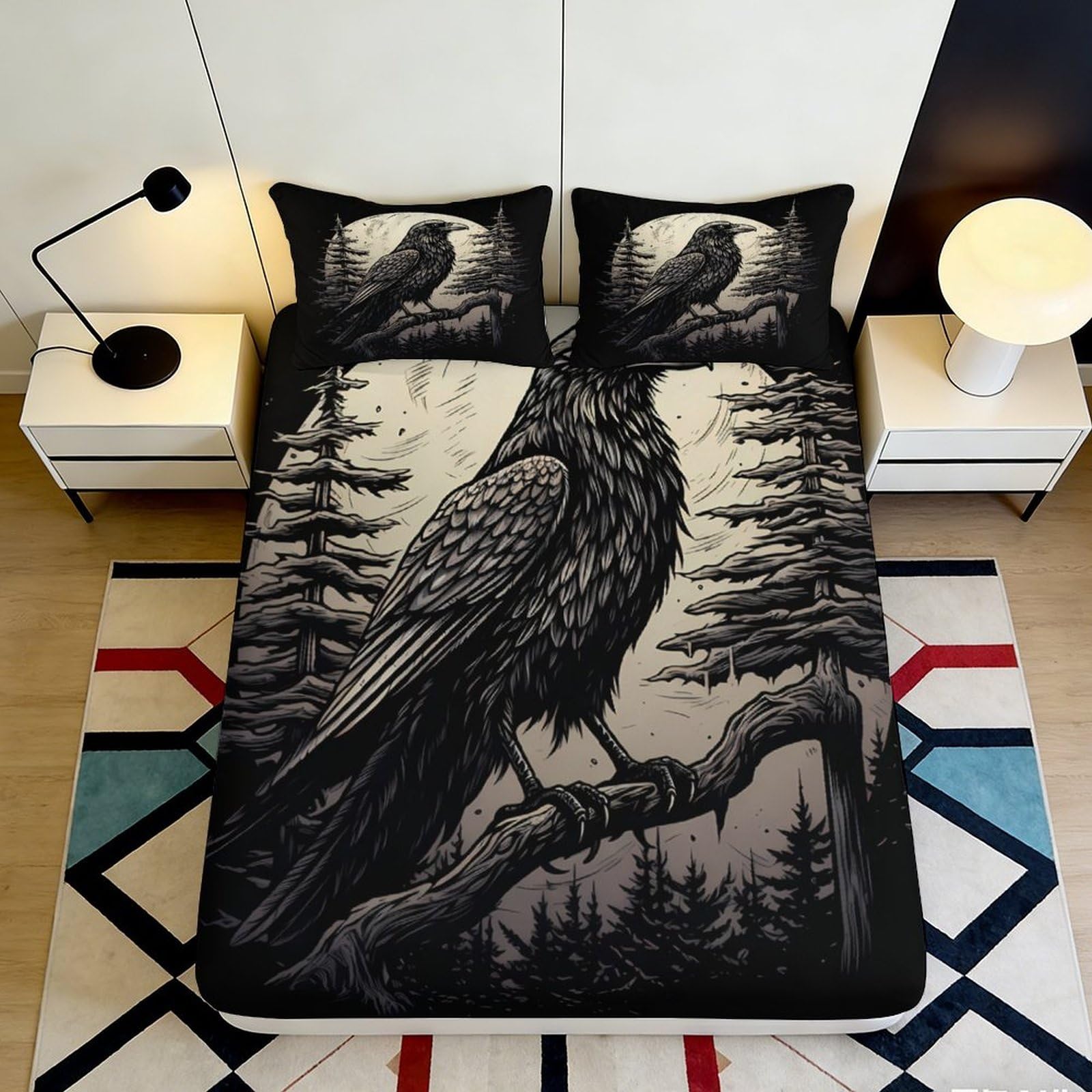 3D Printed Raven Forest Fitted Sheet Microfiber Soft Black Gothic Mattress Cover for Bedroom Dorm Decor 90x200x25cm