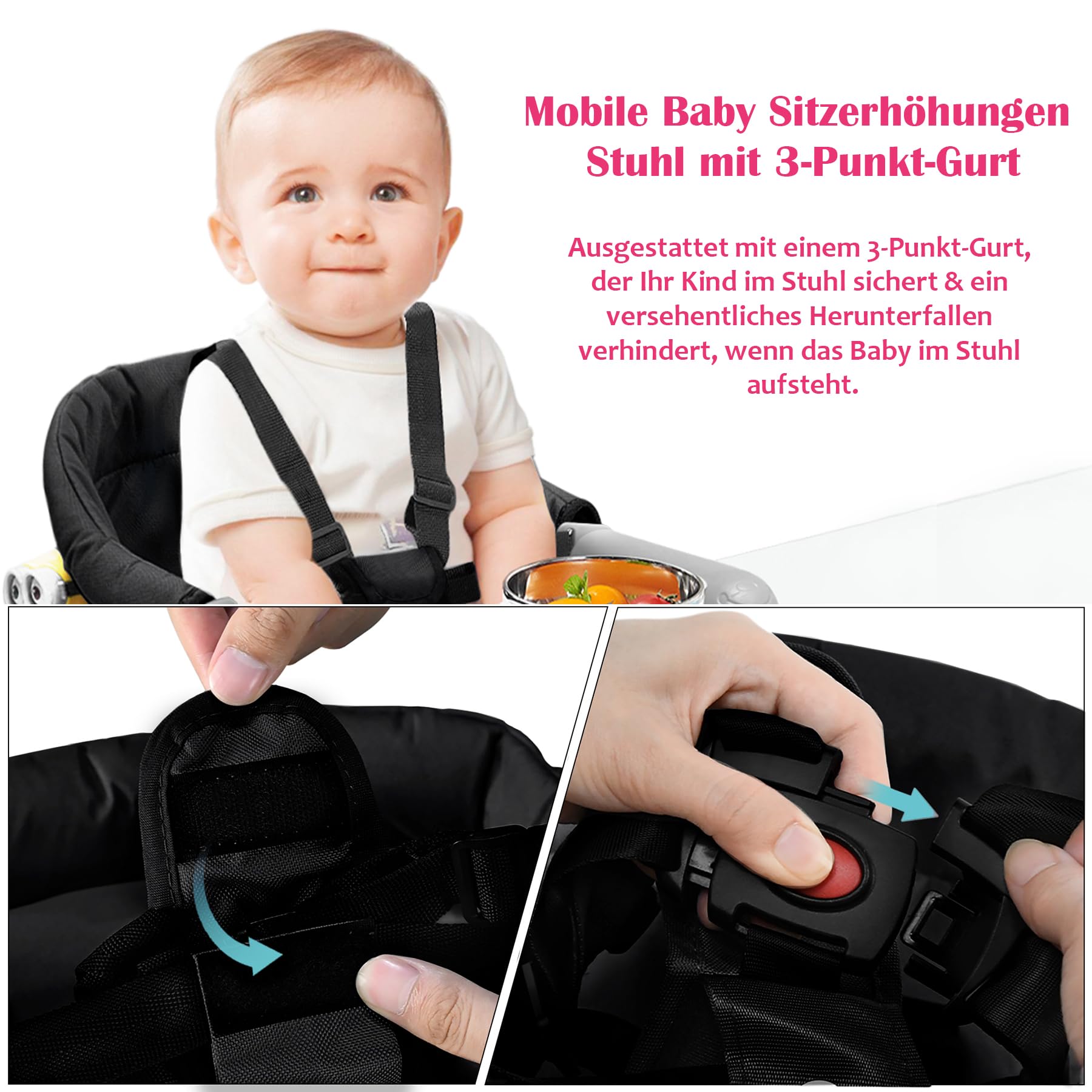 Froadp Faltbar Tischsitze Baby Klappbare Boostersitze Stuhlsitz 6-36 Monate Babystuhl für 2-8cm Dicke Tische Kinder Sitzerhöhung Sitzhilfe Babysitz mit Anti-Rutsch-Klemmen Kapazität 8-15KG (Schwarz)