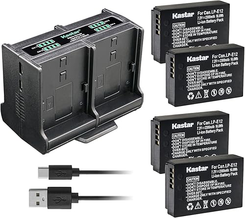 Kastar Paquete de 4 baterías LP-E12 y cargador cuádruple compatible con Canon EOS 100D, EOS M, EOS M2, EOS M10, EOS M50, EOS M50 Mark II, EOS M100,