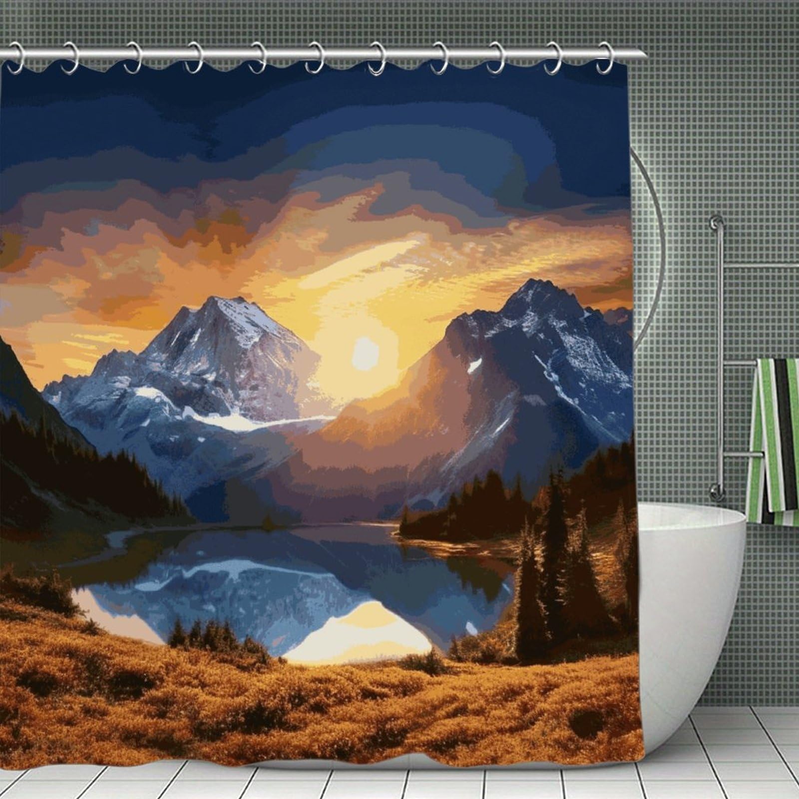 JTREHY Mountain Sunrise Shower Curtain Waterproof Bathroom Shower Curtain Machine Washable Bath Curtains Polyester Cloth Bath Curtains for Bathroom Showers 70.8×70.8Inch