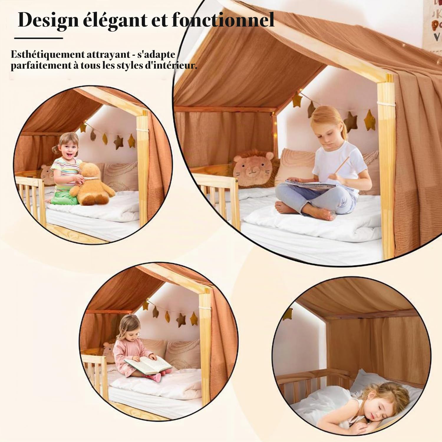 Rodelna Ciel de lit de maison, kit de décoration 100 % mousseline de coton bio, pour fille et garçon, rideau de lit