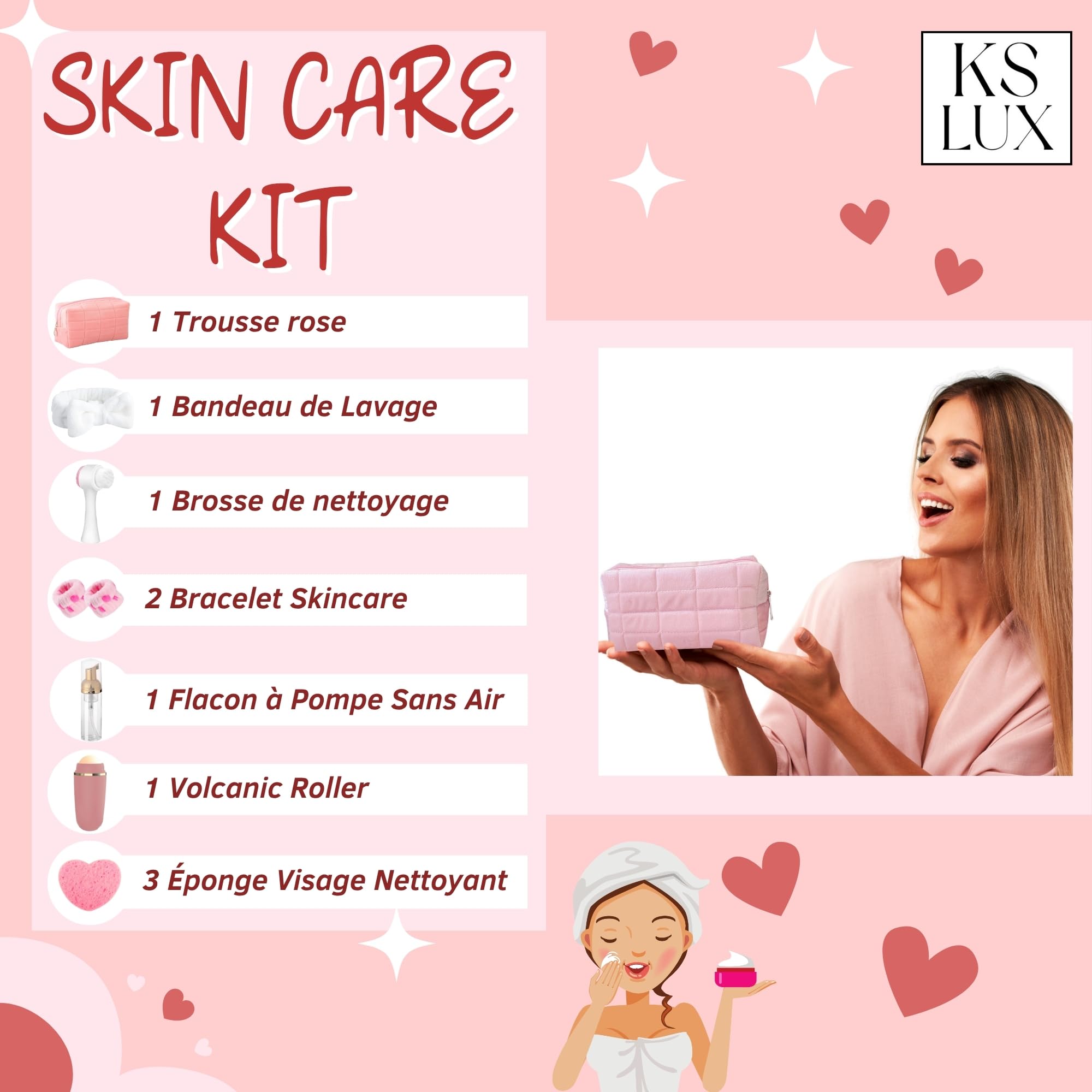 kit skincare ado, skin care, coffret soin visage femme, coffret skincare enfant, skin care coréenne, box cadeau femme original avec brosse nettoyante visage et bandeau cheveux maquillage KS LUX