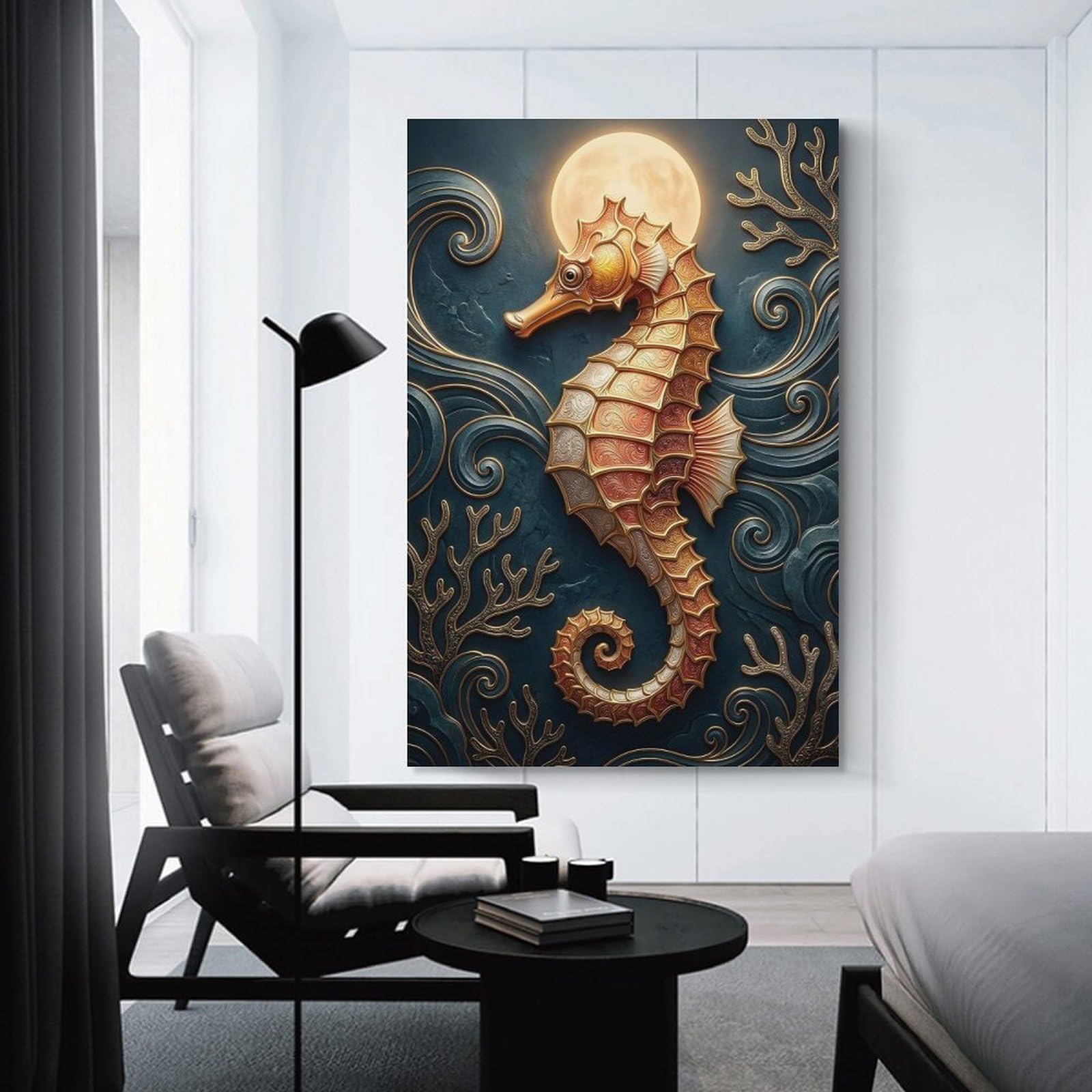 Junmoney Golden Seahorse Under The Moon Wall Picture Print, 12x18inch(30x45cm), for Feature Walls in Flats Or Modern Rooms, Decorative Artwork with Flexible Styling