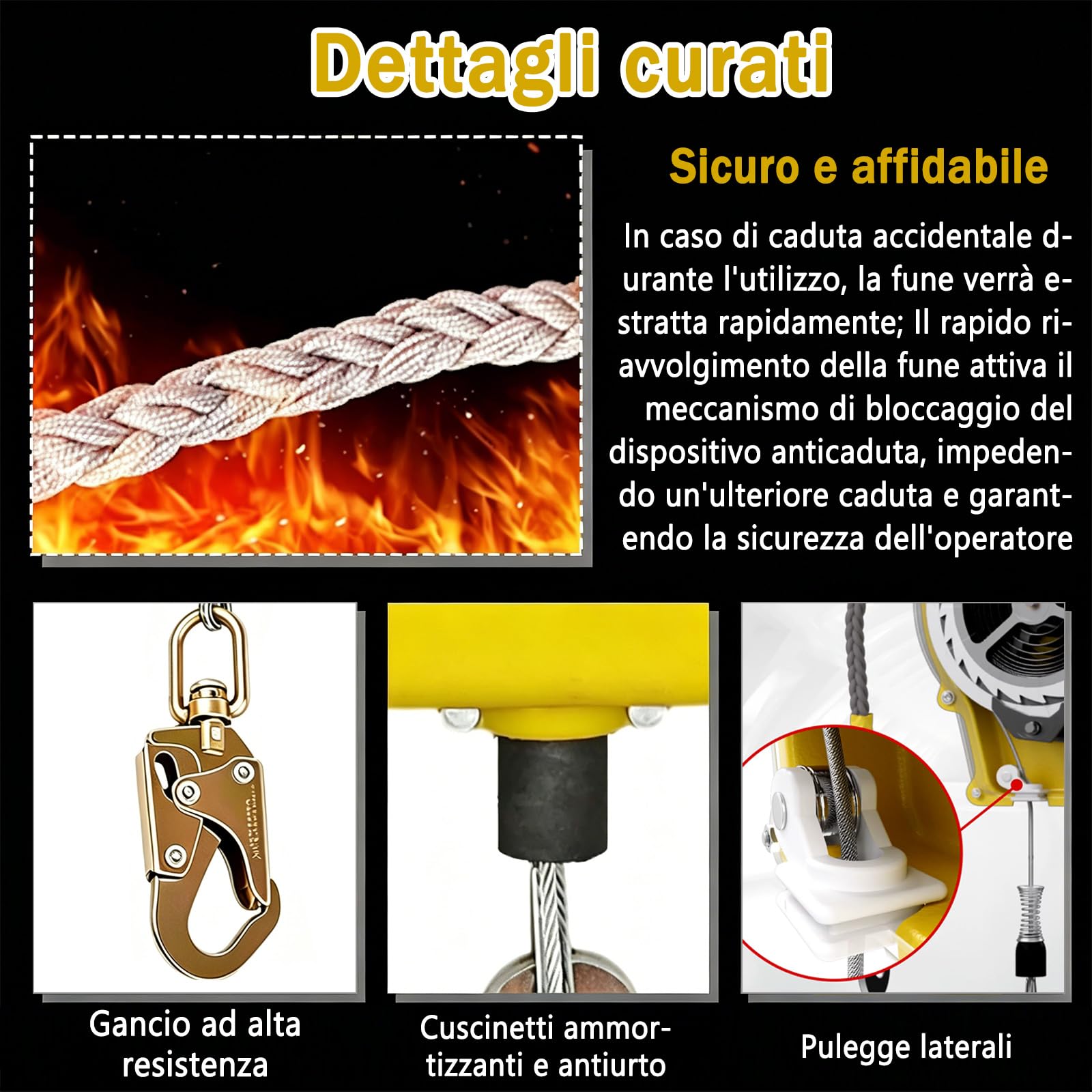 Dispositivo Anticaduta Retrattile Certificato, 10m Imbracatura di Sicurezza Anticaduta con Gancio Autobloccante, Professionale Dispositivo Retrattile di Sicurezza Anticaduta (Giallo)