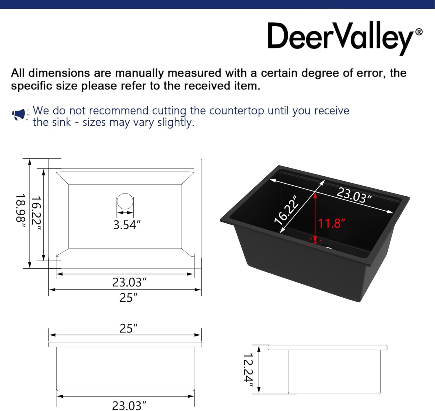 DeerValley Black Undermount Kitchen Sink 25 Inch, Single Bowl Granite Composite Kitchen Sink with Integrated Ledge