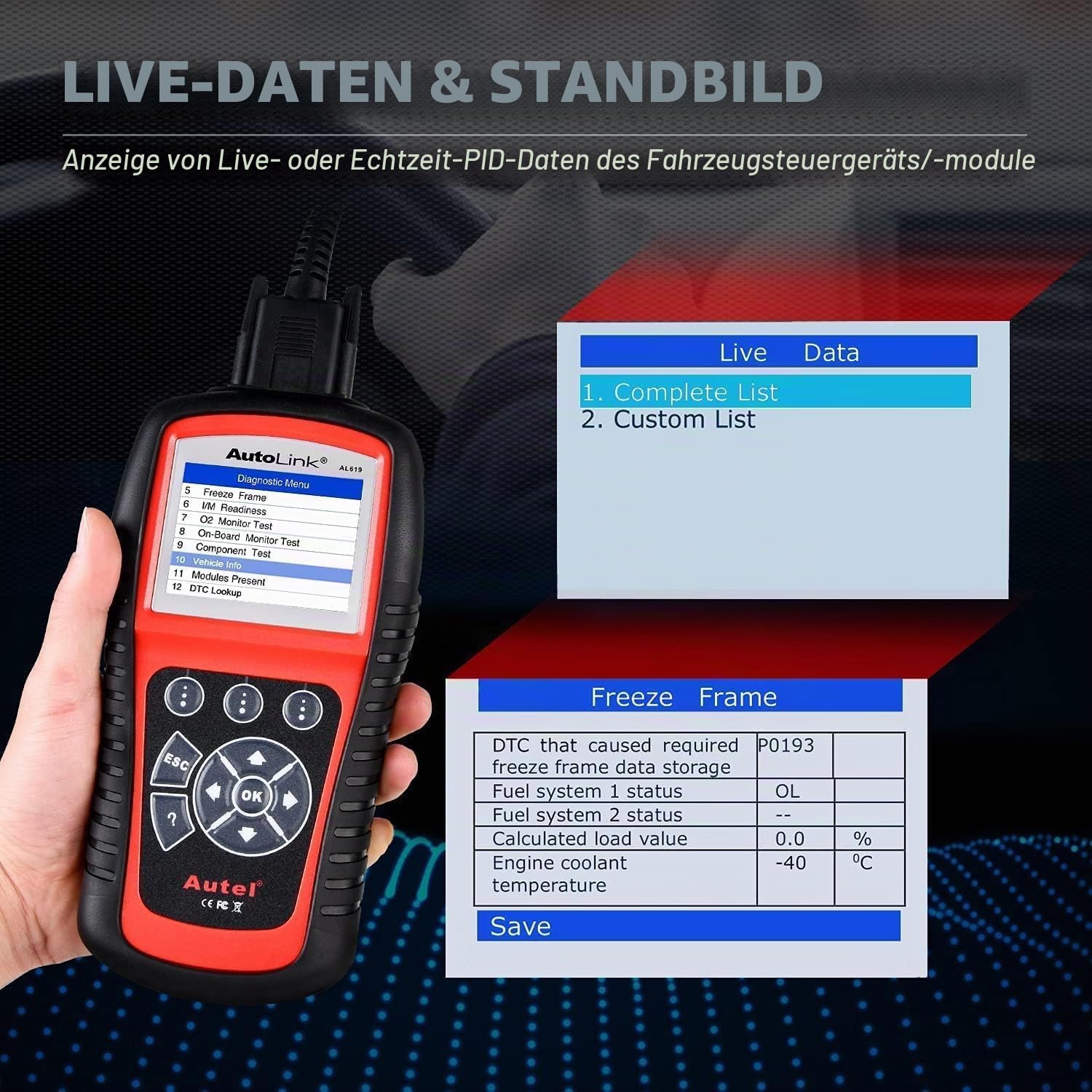 Autel AutoLink AL619 OBD2 Scanner, Auto ABS SRS Diagnosegerät | Zurücksetzen der ABS SRS Warnleuchten, OBDII Funktion mit Live-Daten, Ready-Test, Erweiterte von ML619/ ML519/ AL519