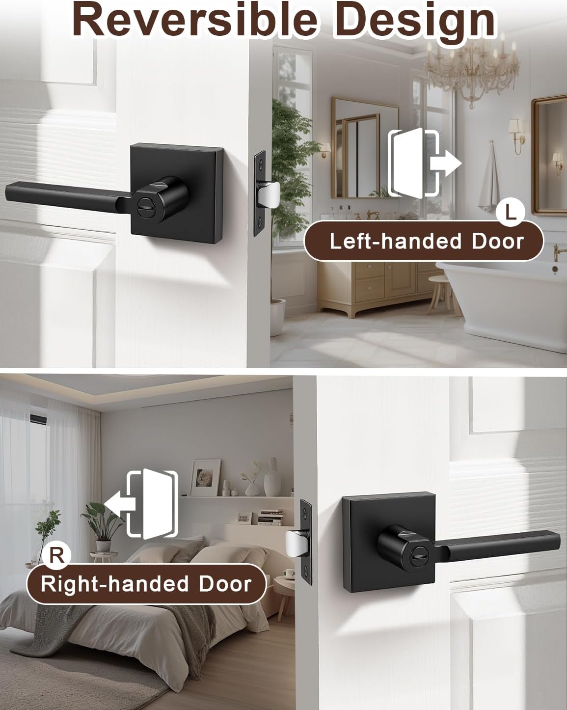 10 Pack Square Privacy Matte Black Door Levers Locksets, Bed/Bath Door Levers Keyless Interior Handles, Reversible for Right & Left Sided Doors Modern Style