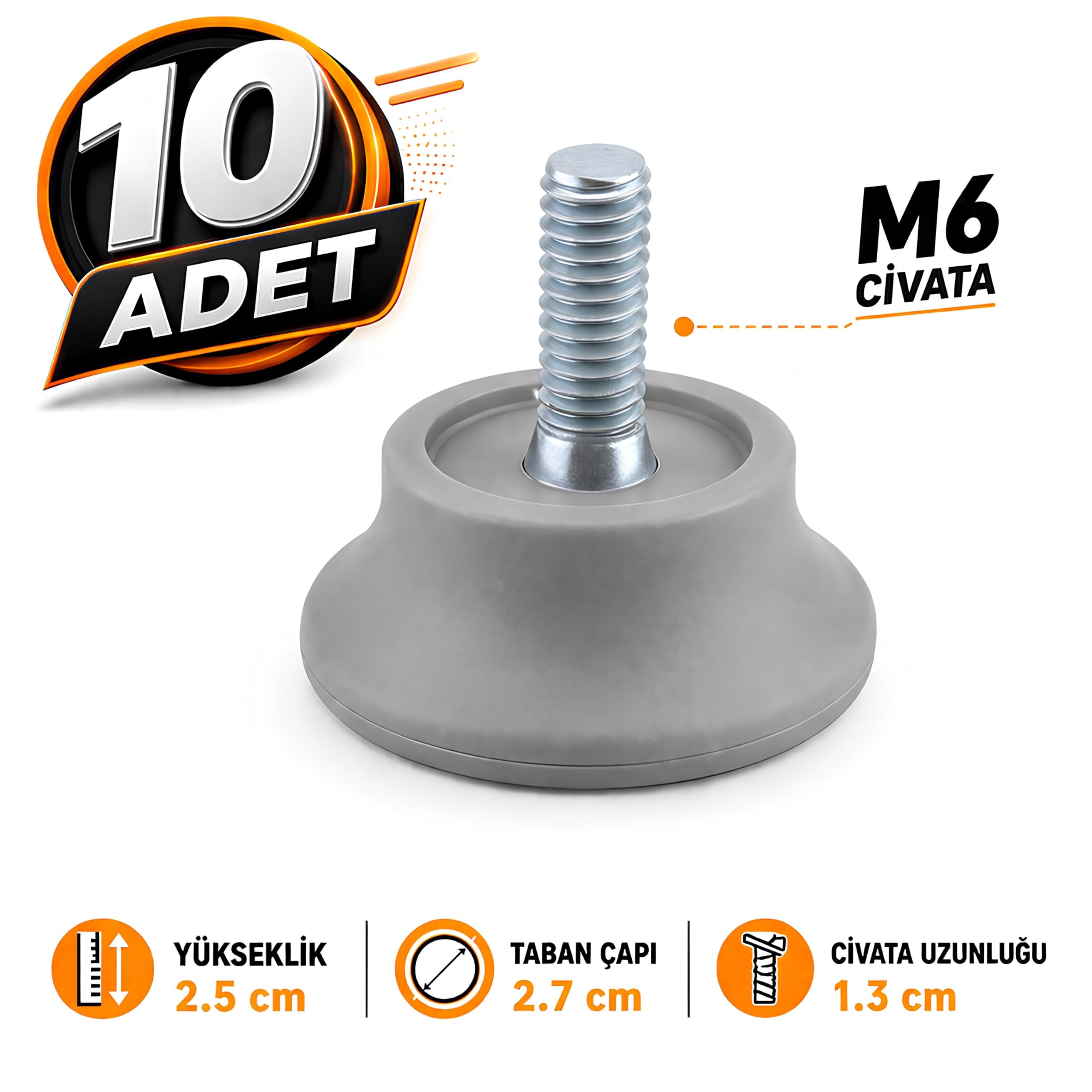 10 ADET Bingo Rotil Ayak M6 Civatalı 6 mm Gri Profil Ayağı Ayakları 2.5 Cm