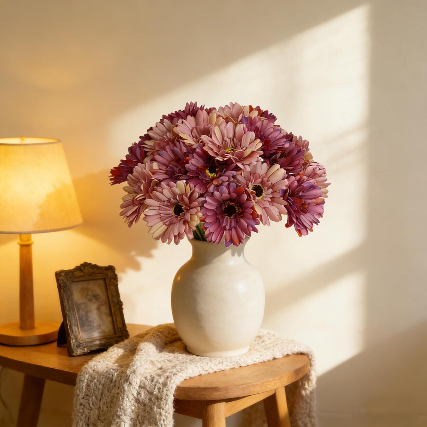 Artificial Gerbera Daisy Flowers Bulk, 16 Pcs Vintage Mixed Pink Purple Fake Silk Stems, Lifelike Faux Daisy for Wedding Bouquet Table Centerpiece Home Decor