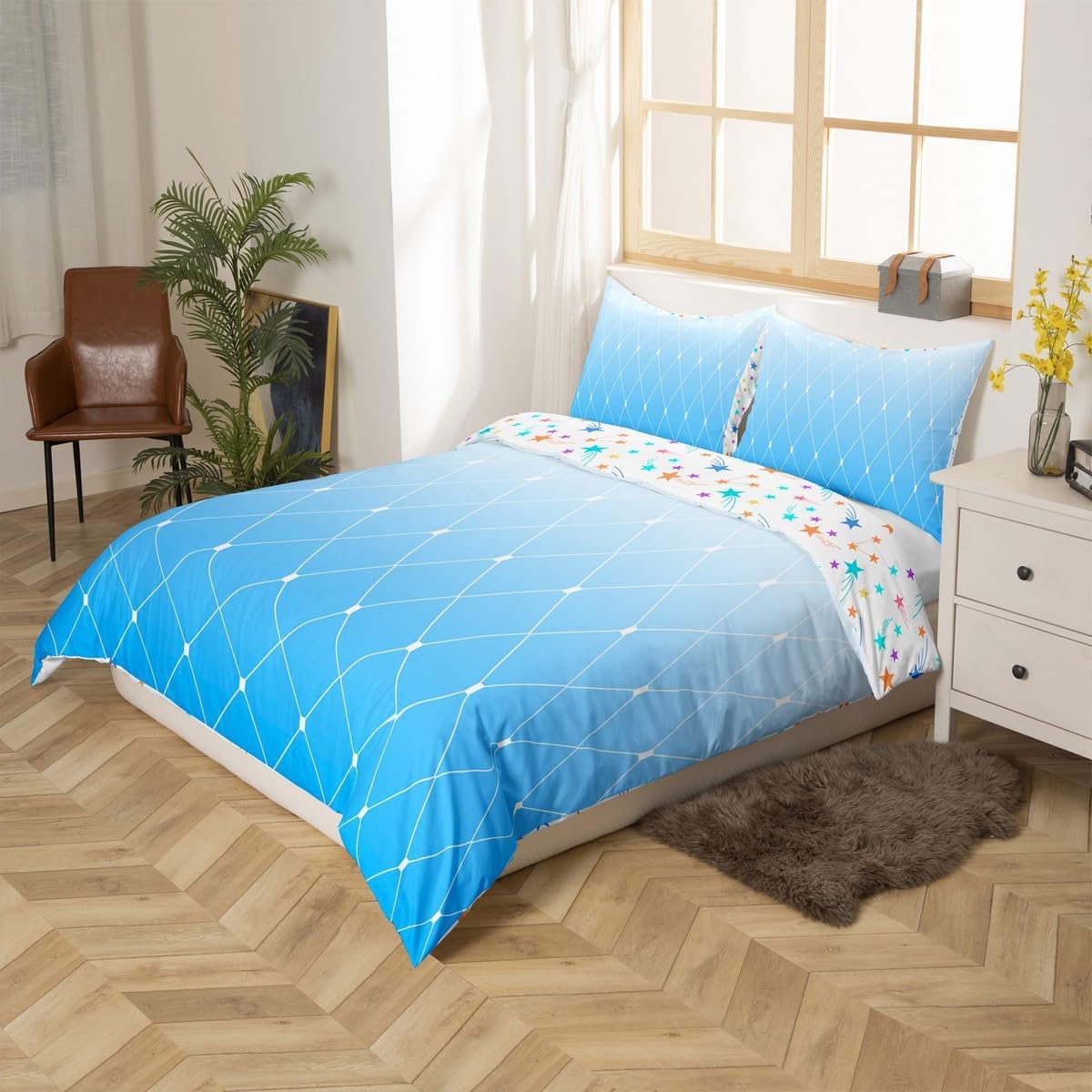 jejeloiu Blue and White Bedding Set Toddler Size Kids Ombre Geometric Comforter Cover for Boys Girls Teens Modern Duvet Cover Soft Microfiber,No Comforter